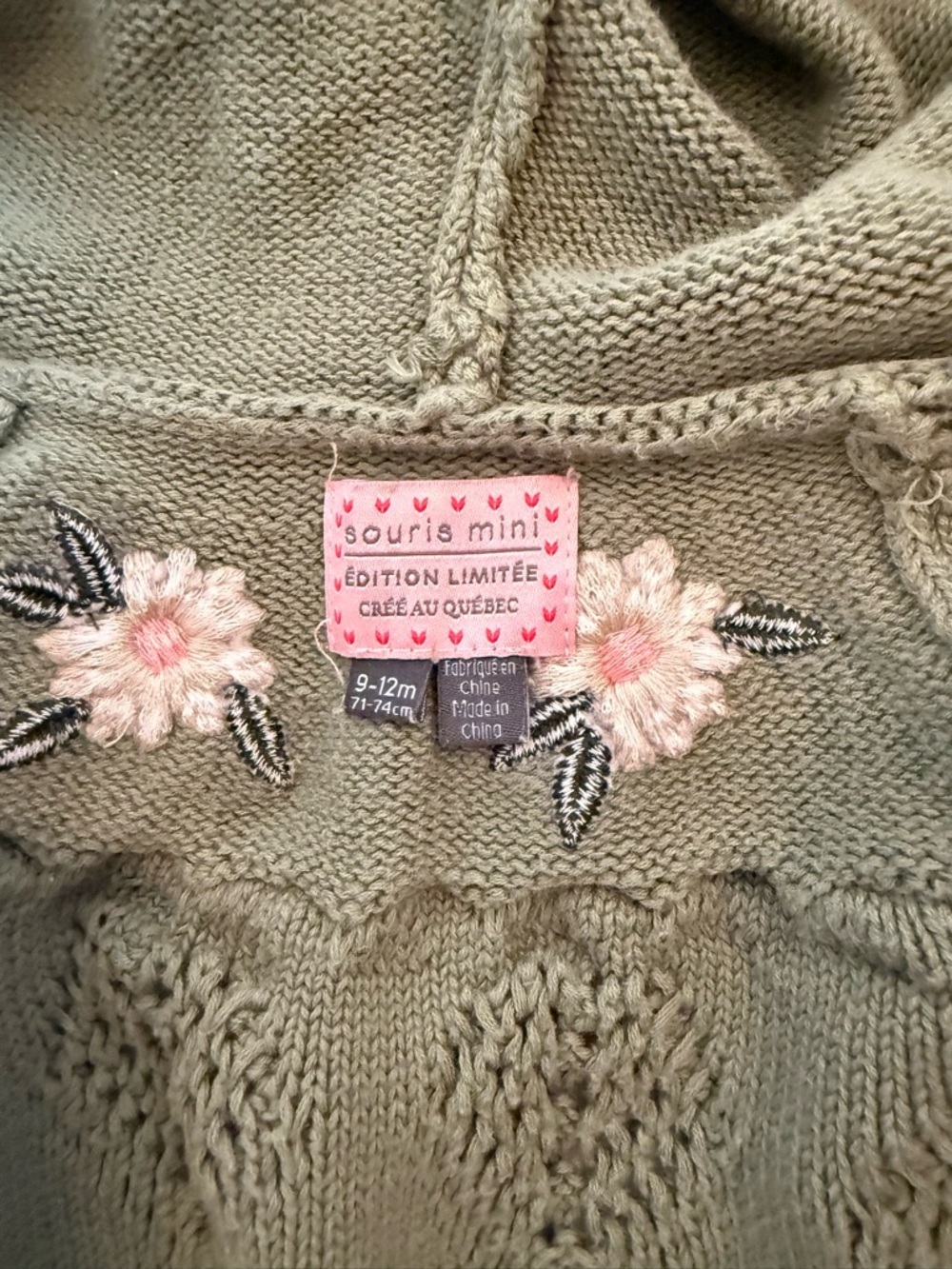 Souris Mini 9-12M Green Knit Cardigan Hoodie Embroidered Floral Sweater - Picture 3 of 3